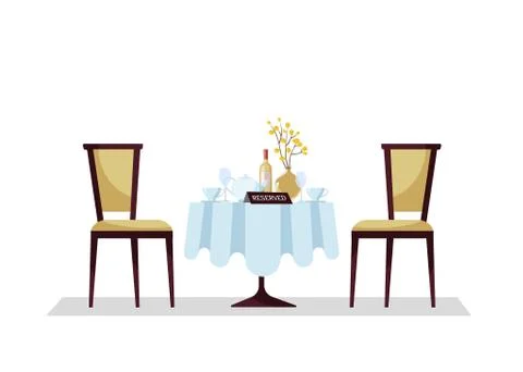 Reserved expensive restaurant round table with tablecloth, plant, wineglasses Stock Illustration