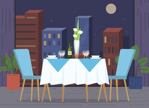 Reserved modern restaurant table with tablecloth, candles in candlestick, vase Stock Illustration