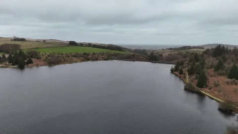 Reservoir On Dark and Cloudy Day Drone Footage Stock Footage 339367336