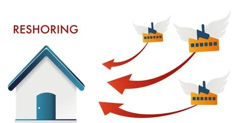 Reshoring concept. Local production self-sufficiency. Automated supply chain. Stock Illustration