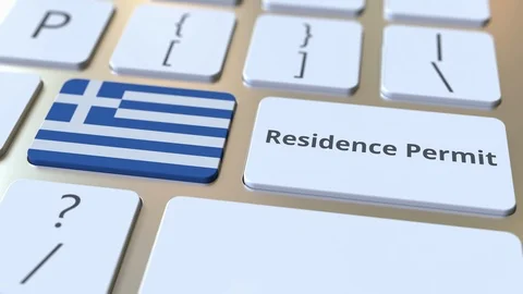 Residence Permit text and flag of Greece on the buttons on the computer keyboard Stock Footage 122990467