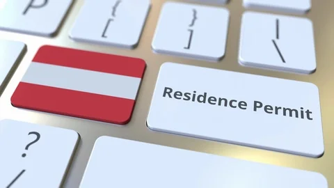 Residence Permit text and flag of Austria on the buttons on the computer Video stock 122994231