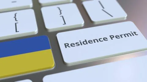 Residence Permit text and flag of Ukraine on the buttons on the computer Stock Illustration