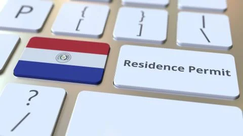 Residence Permit text and flag of Paraguay on the buttons on the computer Illustrazione stock