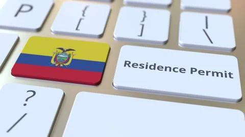 Residence Permit text and flag of Ecuador on the buttons on the computer Stock Illustration
