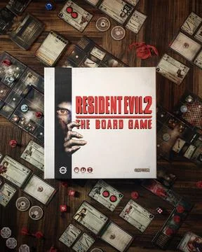 Resident Evil 2 board game components close up featuring zombie miniatures .. Foto stock