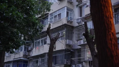 Residential Apartment Facade Behind Trees at Dusk Vídeo Stock 344092283