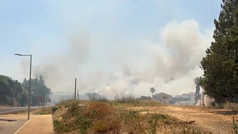 Residential area evacuated as a precaution due to grass fire in Mairena (Seville Stock Footage 337571854