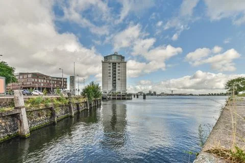 Residential area by the river Stock Photos