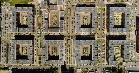 Residential area top view. several identical flat houses with courtyards. Nice r Stock Footage 161395117