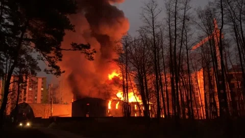 A residential building is on fire at night. Stock Footage 165241489