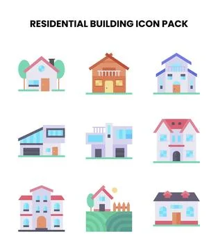 Residential Building Flat Bundle Icons Pack Stock Illustration
