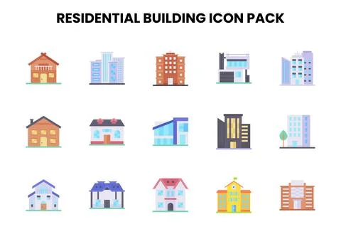 Residential Building Flat Bundle Icons Pack Stock Illustration