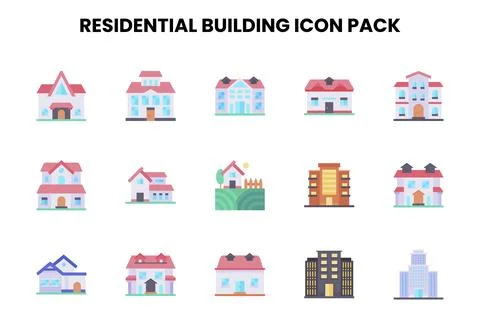 Residential Building Flat Icons Pack イラスト素材