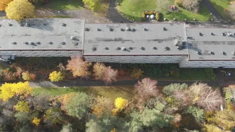 Residential Building Rooftop Complex, Fall Foliage, Top Down, Aerial Forward Stock Footage 144492456