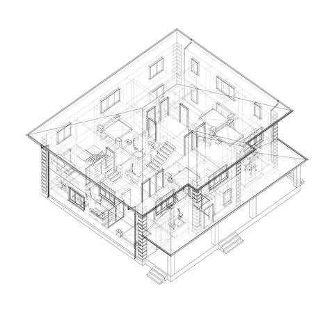 Residential building technical drawing. Vector Ilustración de archivo