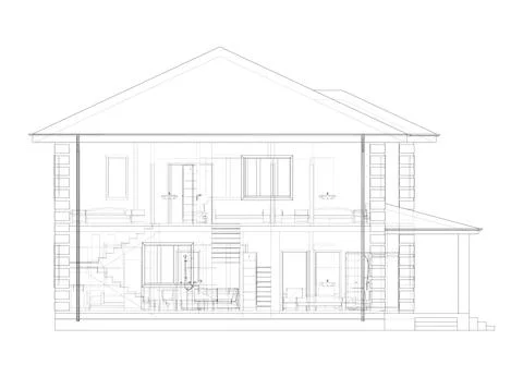 Residential building technical drawing. Vector Ilustración de archivo