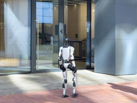 Residential complex. Artificial intelligence machine walks. Robot spend time Stock Photos