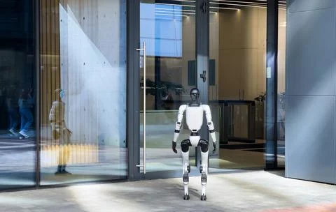Residential complex. Artificial intelligence machine walks. Robot spend time Stock Photos