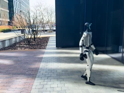 Residential complex. Artificial intelligence machine walks. Robot spend time Foto stock