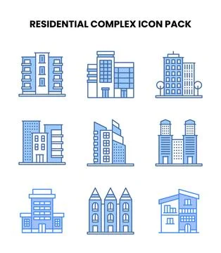 Residential Complex Blue Collection Icons Pack Stock Illustration