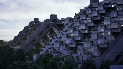 Residential complex featuring angular design and glowing environmental lighting Stock Footage 340346831