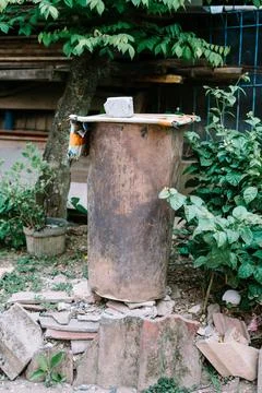 Residential complex garbage bin area, neatly organized and ready for waste .. 写真素材
