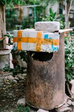 Residential complex garbage bin area, neatly organized and ready for waste .. 스톡 사진