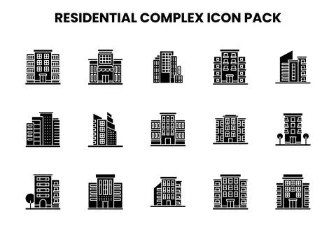 Residential Complex Glyph Bundle Icons Pack Stock Illustration
