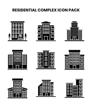 Residential Complex Glyph Bundle Icons Pack Stock Illustration
