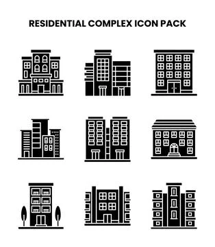 Residential Complex Glyph Design Icons Pack Stock Illustration