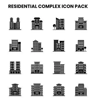 Residential Complex Glyph Set Icons Pack Stock Illustration