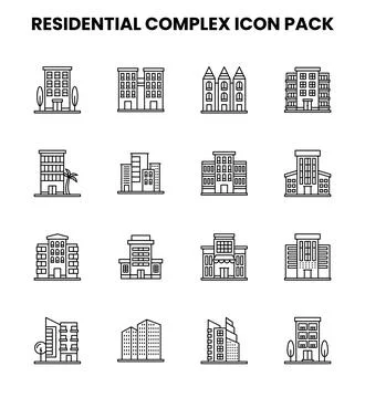 Residential Complex Line Vector Icons Pack Stock Illustration