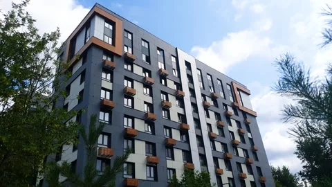 Residential complex park trees, apartment building, eco-friendly real estate Stock Footage 314517378