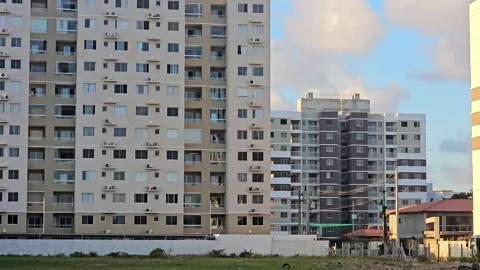 Residential complexes under construction, real estate development projects Stock-Footage 343586338