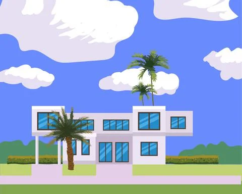 Residential Home Building in landscape tropic trees, palms. House exterior Stock Illustration
