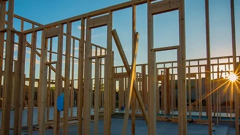 Residential Home Construction Site Framed with Sun Flare Stock Footage 80833080