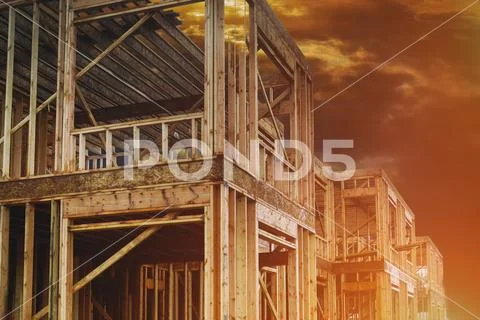 Residential home framing view on new house wooden under construction Stock Photos