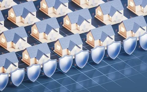 Residential house with shield, 3d rendering. Stock Illustration
