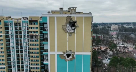 Residential modern house after air attack. Holes in the walls from shells. Stock Footage 222963053