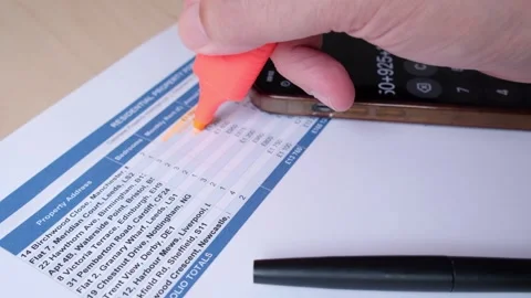 Residential property document is reviewed, calculator and highlighter Stock Footage 334321017