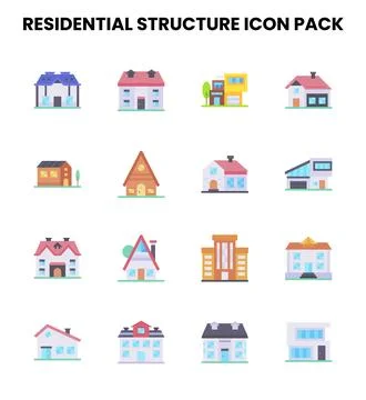 Residential Structure Flat Design Icons Pack Stock Illustration