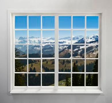 Residential window with Alpine view Stock Photos