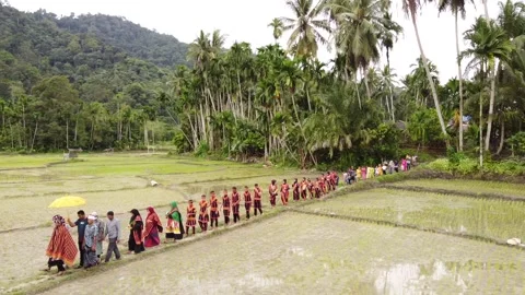 Residents parading in the fields on the slopes of the hill. Stock Footage 166441745