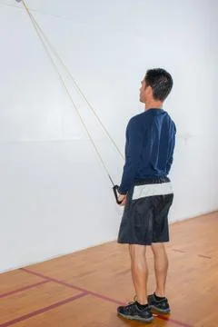 Resistance band exercise for posture and core Stock Photos