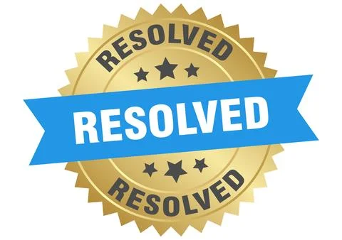 Resolved. resolved round blue and gold label isolated on transparent backgrou Stock Illustration