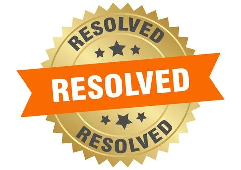 Resolved. resolved round orange and gold label isolated on transparent back.. Stock Illustration