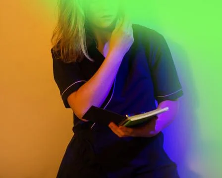 Resolves work issues using two phones. Portrait of woman uses two phones to c Stock Photos