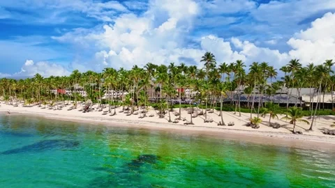 A resort beach with palm trees hanging over a turquoise sea. Stock Footage 320493558