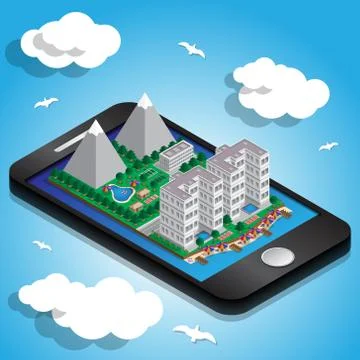 Resort in the cell phone screen. Stock Illustration